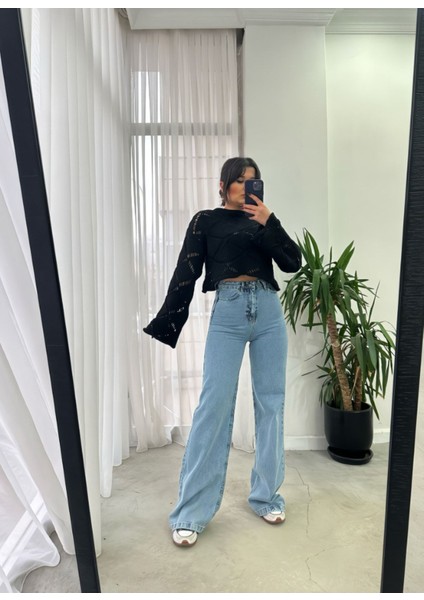 Benjamin Neo Kadın Yüksek Bel Likralı Esnek Jeans Mavi Palazzo Kot Pantolon