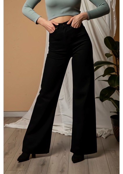 Leo Penelope Lora Kadın Siyah Süper Yüksek Bel Jeans Likralı Salaş Paça Kot Pantolon Siyah Bolpaça