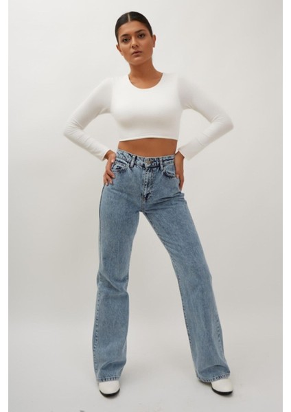 90's Kar Yıkama Mavi Likralı Süper Yüksek Bel Salaş Jeans Palazzo Pantolon
