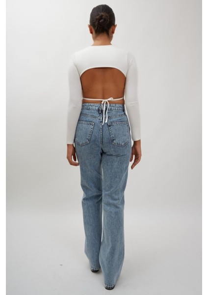 90's Kar Yıkama Mavi Likralı Süper Yüksek Bel Salaş Jeans Palazzo Pantolon