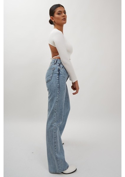 90's Kar Yıkama Mavi Likralı Süper Yüksek Bel Salaş Jeans Palazzo Pantolon