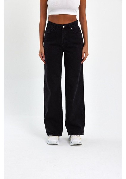Siyah Yüksek Bel Fermuarlı Wideleg Jean Pantalon