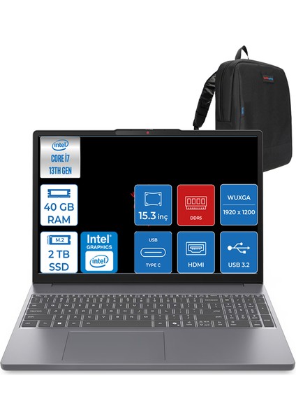Ideapad Slim 3 Core I7 13620H 40GB Ddr5 1tb + 1tb SSD Intel® UHD Graphics WIN11PRO 15.3" Wuxga IPS Taşınabilir Bilgisayar 3S15IRH10P12 + Zettaçanta