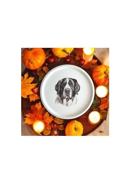 Köpek Desenli Tepsi - 31 cm - Beyaz Tepsi - Sunum Tepsisi