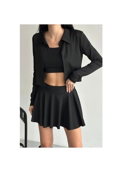 Askılı Crop,hırka ve Şortlu Etek Üçlü Takım modelleri