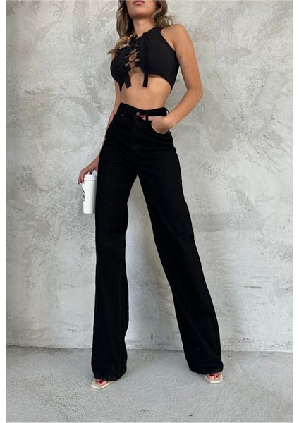 Leo Penelope Chriss Kadın Salaş Solmayan Siyah Süper Yüksek Bel 90's Wide Leg Comfort Likralı