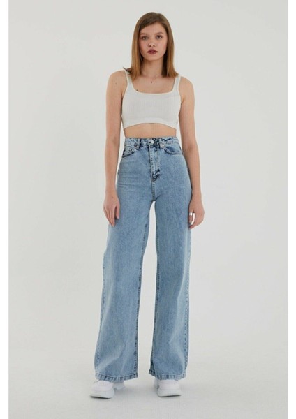 Mdln Süper Yüksek Bel Likralı Kar Yıkamalı Geniş Paça Kot Pantolon (Wide Leg)
