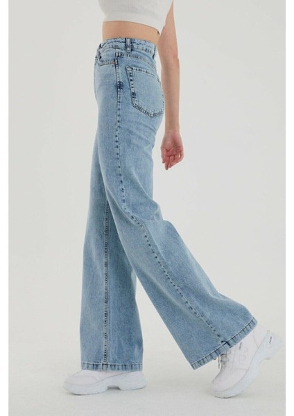 Mdln Süper Yüksek Bel Likralı Kar Yıkamalı Geniş Paça Kot Pantolon (Wide Leg)