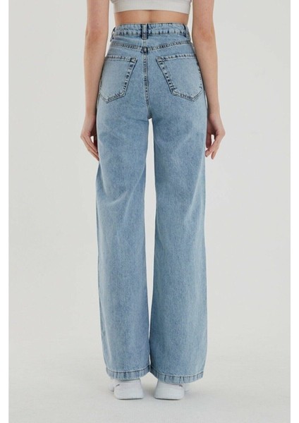 Mdln Süper Yüksek Bel Likralı Kar Yıkamalı Geniş Paça Kot Pantolon (Wide Leg)