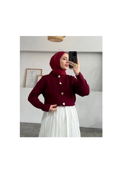Bordo Kalp Düğme Triko Hırka