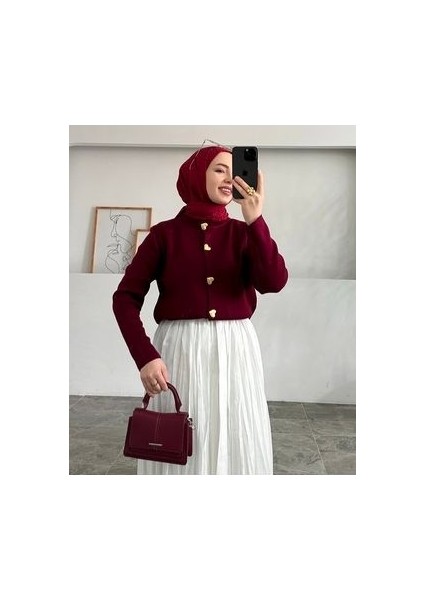 Bordo Kalp Düğme Triko Hırka