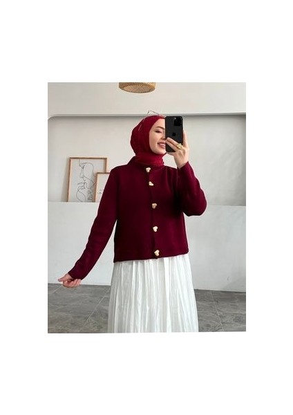 Bordo Kalp Düğme Triko Hırka