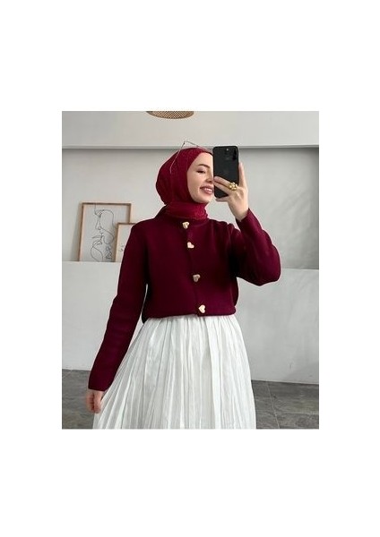 Bordo Kalp Düğme Triko Hırka
