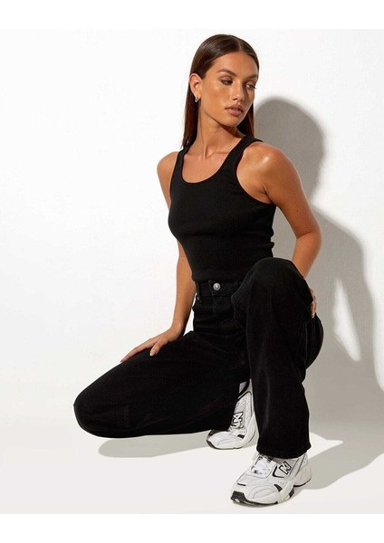 Ram Likralı 90's Kadın Siyah Süper Yüksek Bel Salaş Paça Denim Kot Palazzo Pantolon