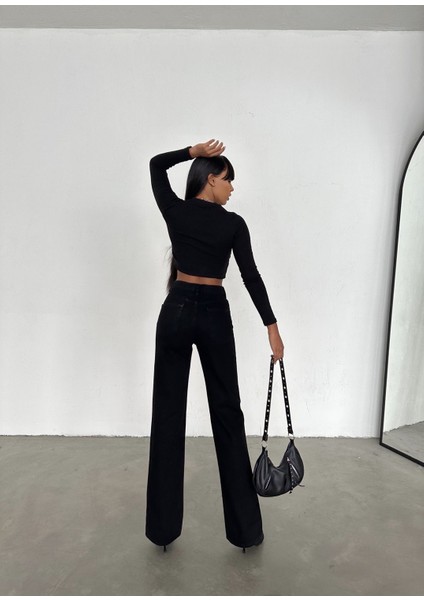 Kadın Denim Yüksek Bel Düğmeli Geniş Paçalı Siyah Jeans modelleri
