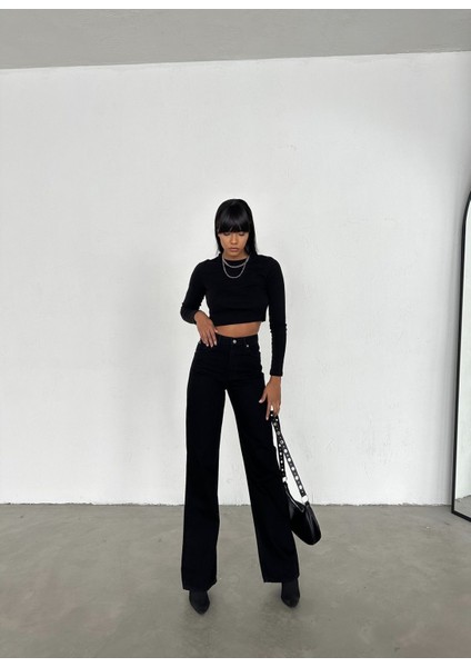 Kadın Denim Yüksek Bel Düğmeli Geniş Paçalı Siyah Jeans indirimleri