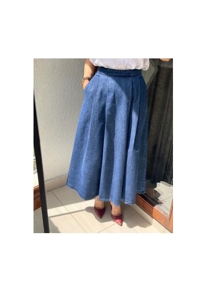 Butikmayamoda Denim Pileli Maxi Etek