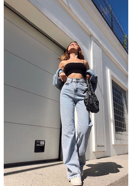 Oslo Açık Mavi Kar Yıkama Power Likralı Süper Yüksek Bel Salaş Paça Jeans Palazzo (Wide Leg)
