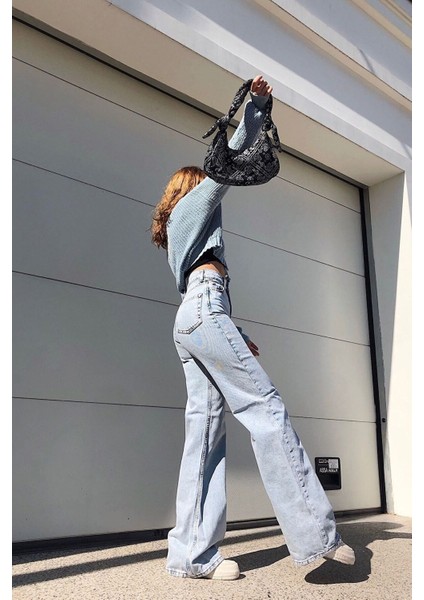 Oslo Açık Mavi Kar Yıkama Power Likralı Süper Yüksek Bel Salaş Paça Jeans Palazzo (Wide Leg)