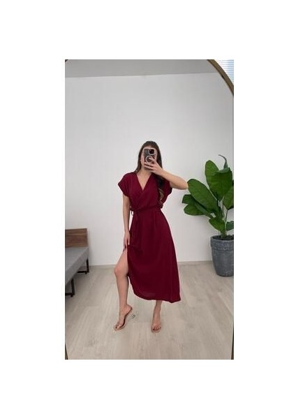 Kadın Kruvaze Kuşaklı Uzun Ayrobin Elbis fiyatları