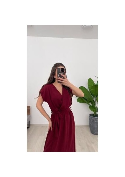 Kadın Kruvaze Kuşaklı Uzun Ayrobin Elbis modelleri