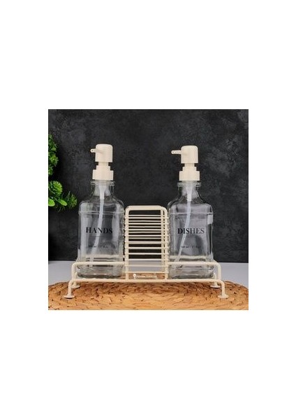 Mien 2'li Metal Standlı Cam Sıvı Sabunluk 500 ml Krem Renk