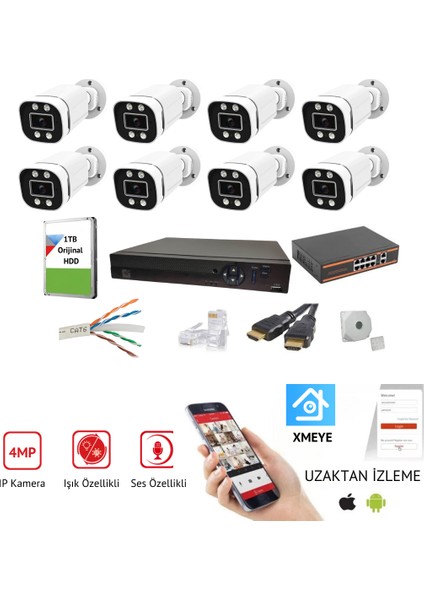 7/24 Renkli Görüşlü Mikrofonlu 4MP WARMLED 8'Lİ IP Kamera Seti