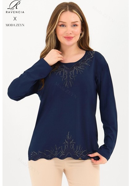 Kadın Orta Yaş ve Üzeri Viskon Yaka Etek Taşlı Işlemeli Likralı Lacivert Anne Penye Bluz