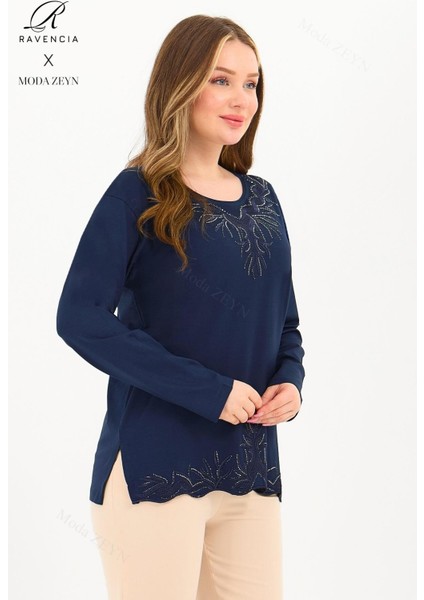 Kadın Orta Yaş ve Üzeri Viskon Yaka Etek Taşlı Işlemeli Likralı Lacivert Anne Penye Bluz fiyatları