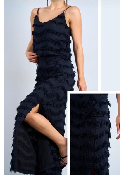 Qustyle Kadın Püskül Detaylı Askılı Bluzlü Uzun Etekli Ikili Takım