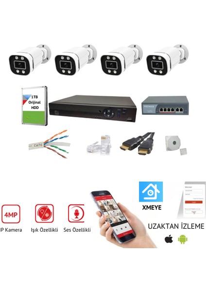 7/24 Renkli Görüşlü Mikrofonlu 4MP WARMLED 4'LÜ IP Kamera Seti