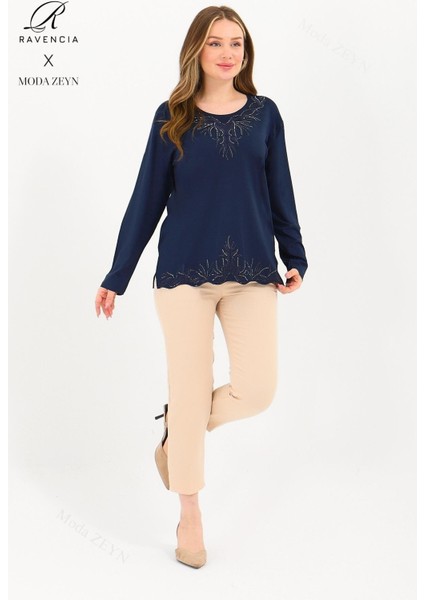 Kadın Orta Yaş ve Üzeri Viskon Yaka Etek Taşlı Işlemeli Likralı Lacivert Anne Penye Bluz modelleri