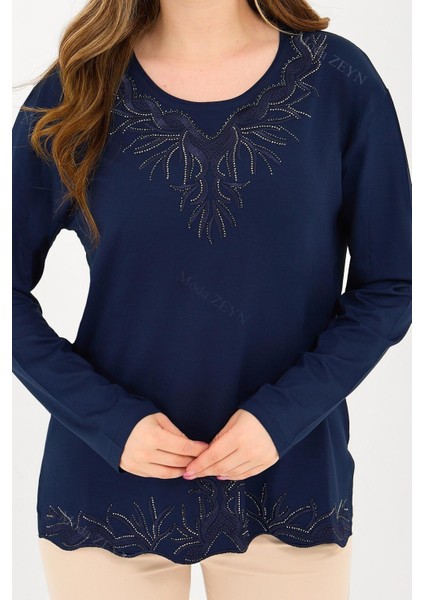 Kadın Orta Yaş ve Üzeri Viskon Yaka Etek Taşlı Işlemeli Likralı Lacivert Anne Penye Bluz fırsatları