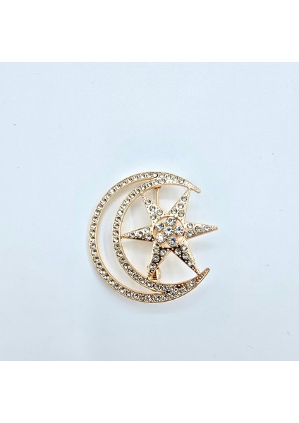 Swarovski Taşlarla Bezeli Ay ve Yıldızlı Broş