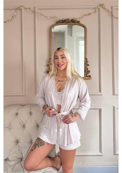 Bej Puan Desenli Bambu Crop Sabahlıklı Şortlu Kadın Pijama Takımı