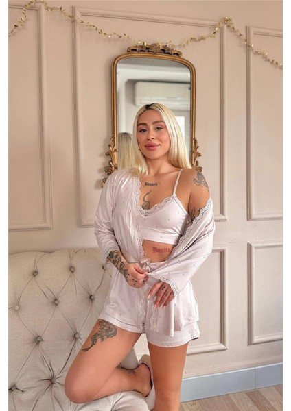 Bej Puan Desenli Bambu Crop Sabahlıklı Şortlu Kadın Pijama Takımı