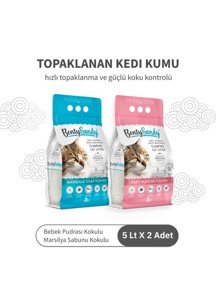 Bebek Pudrası ve Marsilya Sabunu Kokulu Topaklanan Kedi Kumu Seti 5 Lt x 2 Adet