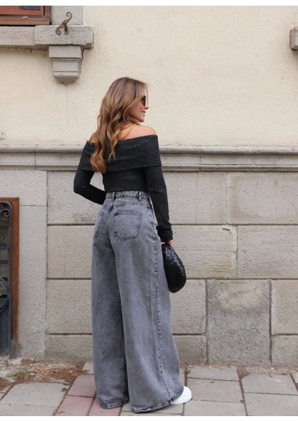 Gri Taşlamalı Bol Paça Jean Pantolon modelleri