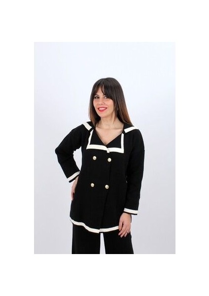 Kadın Dört Düğmeli Ceket Yaka Triko Kumaş Hırka ve Yüksek Bel Pantolon Ikili Triko Takım