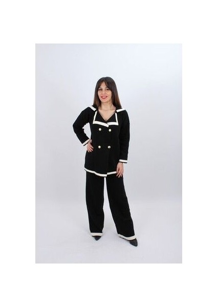 Kadın Dört Düğmeli Ceket Yaka Triko Kumaş Hırka ve Yüksek Bel Pantolon Ikili Triko Takım fiyatları