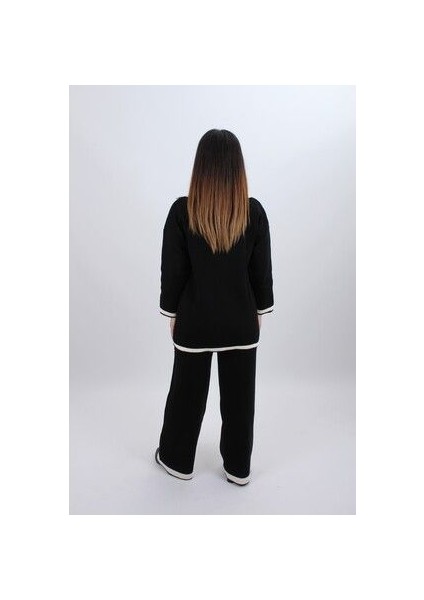 Kadın Dört Düğmeli Ceket Yaka Triko Kumaş Hırka ve Yüksek Bel Pantolon Ikili Triko Takım modelleri