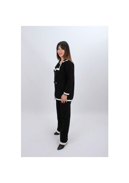 Kadın Dört Düğmeli Ceket Yaka Triko Kumaş Hırka ve Yüksek Bel Pantolon Ikili Triko Takım fırsatları