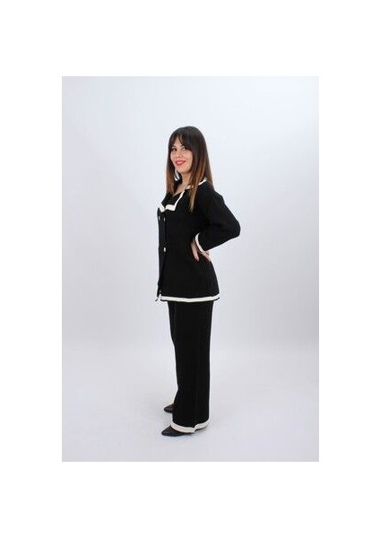 Kadın Dört Düğmeli Ceket Yaka Triko Kumaş Hırka ve Yüksek Bel Pantolon Ikili Triko Takım indirimleri