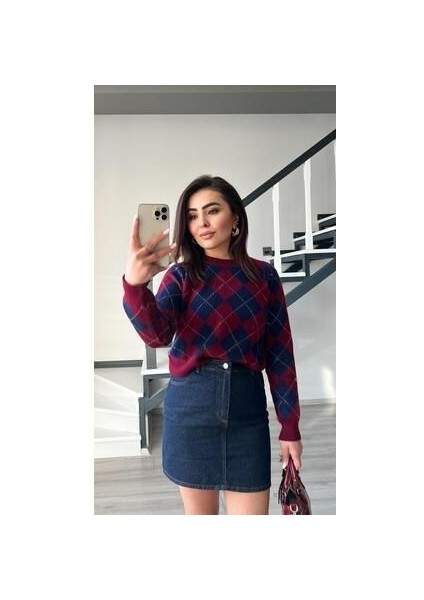 Bordo - Lacivert Baklava Desen Kazak