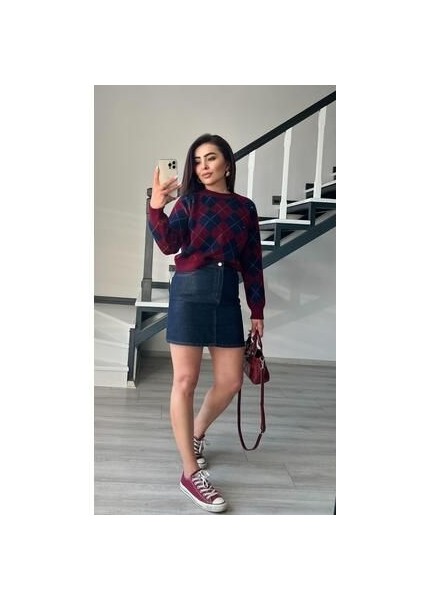 Bordo - Lacivert Baklava Desen Kazak modelleri