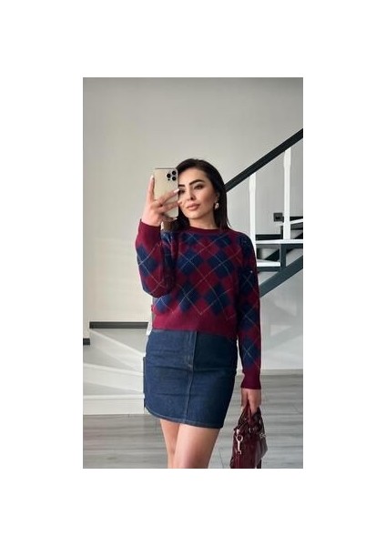 Bordo - Lacivert Baklava Desen Kazak fırsatları