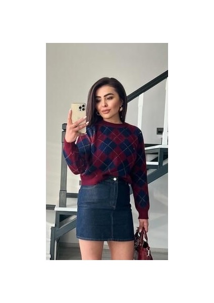 Bordo - Lacivert Baklava Desen Kazak indirimleri