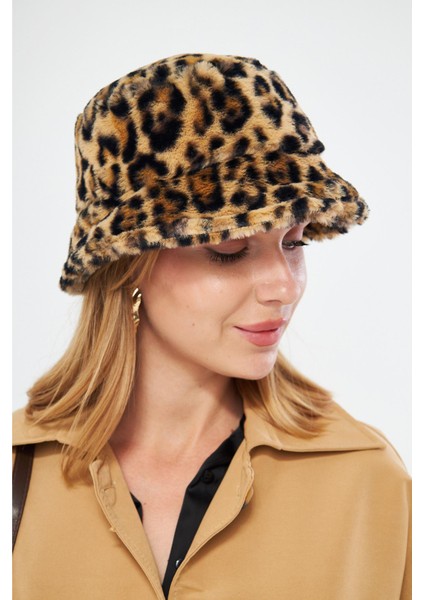 Leopar Peluş Bucket Şapka