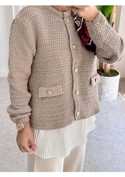 Asel Fashion Cep Detaylı Triko Hırka Vizon