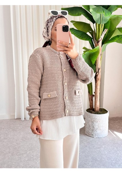 Asel Fashion Cep Detaylı Triko Hırka Vizon